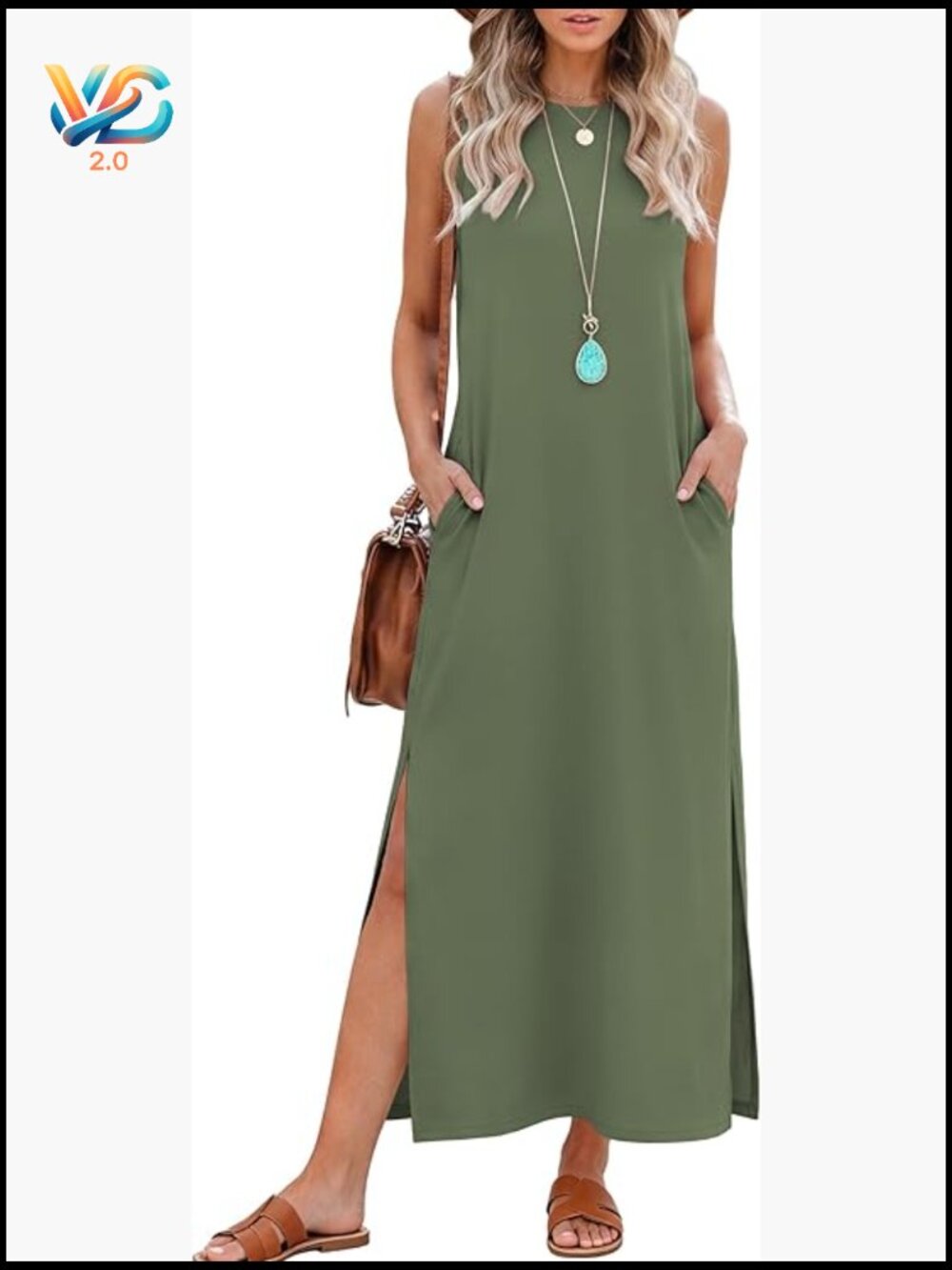Summer Maxi Side Slit Dress with Pockets Sleeveless Crewneck A-Line